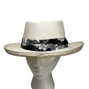 NEW Panama Jack white straw hat NWT wide brim summertime black gray hatband L/XL